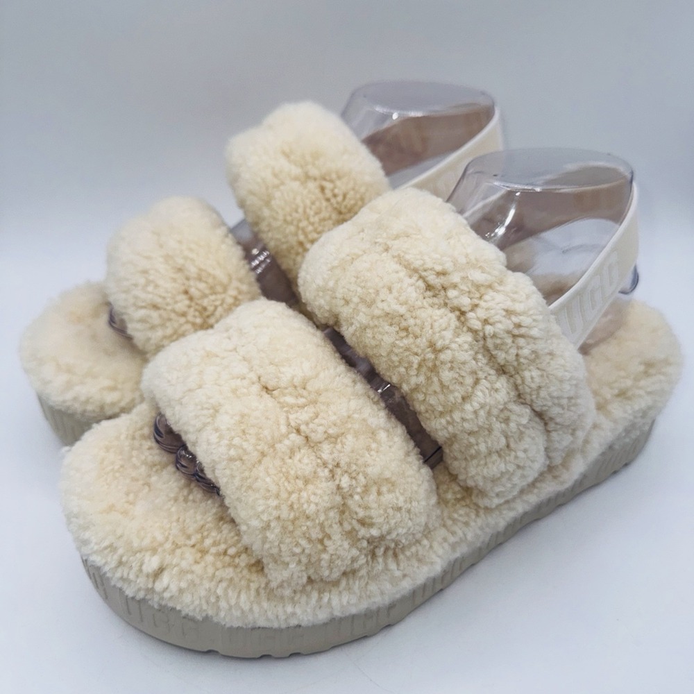 Ugg Fluffita Platform Sandals Women's Size 8 Natural Beige Sheepskin Teddy
